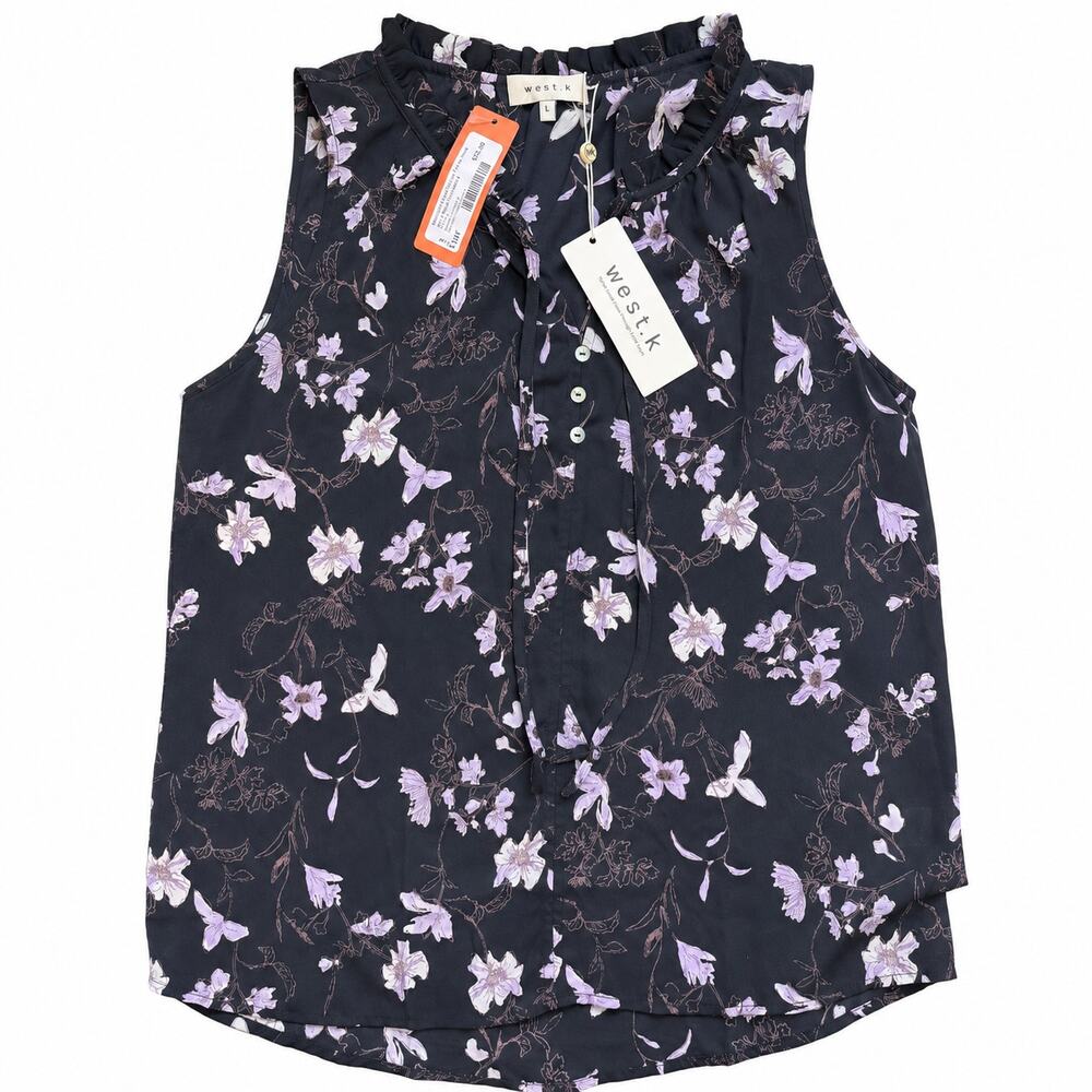 West K Floral Tie Neck Sleeveless Blouse Women’s L NWT Ruffle $52 Retail